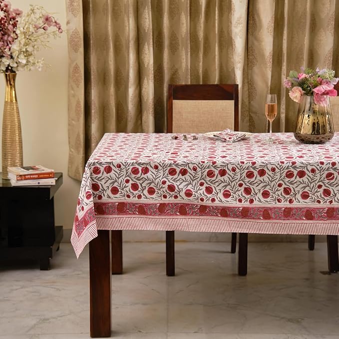Ridhi Sangria Red Hand Block Print Cotton Rectangle Tablecloth 118 x 70 inches Reusable Table Cover Decorative Everyday Use for Dining Room, Farmhouse, Home, Party, Festive & Wedding, Fall