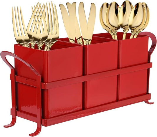 Kitchen Utensil Holder for Countertop - Outdoor Silverware Caddy, Picnic and Camping Utensil Organizer, Flatware Holder for Party Gatherings, Metal and Durable Design (Red)