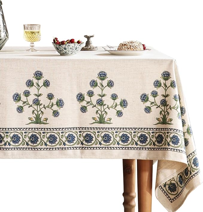 patdrea Designer Blue Tablecloth for Rectangle Tables,Vintage Linen with Leaves and Flowers Pattern Tablecloths,Farmhouse Floral Table Cover Cloth Decor for Kitchen Dining Christmas,67"*118"