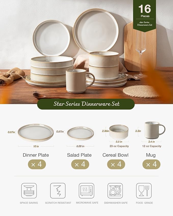 Famiware Star Dinnerware Set with Mugs, Service for 4 (16pcs), Ribbed Stoneware Plates and Bowls Dishes Sets - Chip & Scratch Resistant, Microwave & Dishwasher Safe, Cappuccino White
