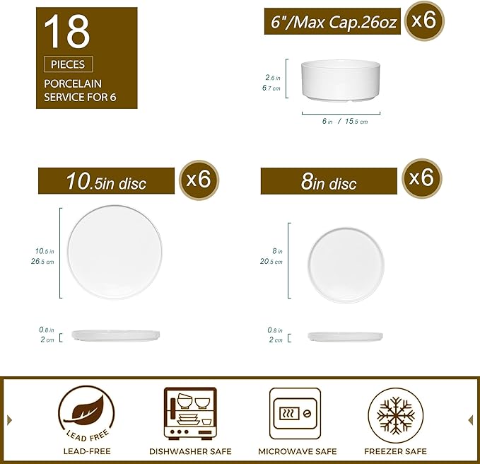 18 Pcs White Porcelain Dinnerware Set for 6, Ceramic Chip and Scratch Resistant Dish Set, Kitchen Plates and Bowls Set - Dishwasher & Microwave Safe, QOMO-1996