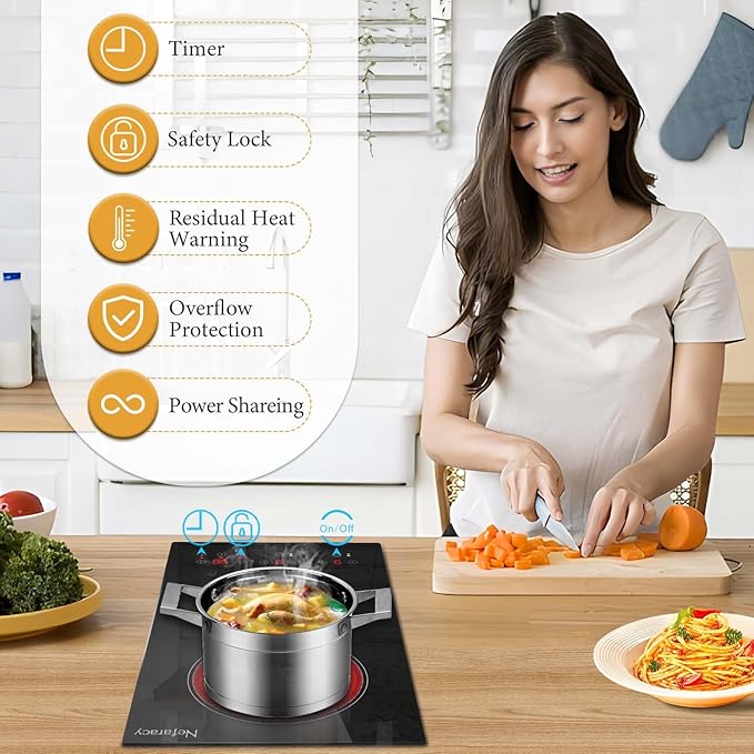 2 Burner Electric Cooktop 12 Inch, 110V Electric Stove with Touch Control, 2000W Ceramic Cooktop, Built-in & Countertop, Overflow Protection, Safety Lock, Timer(Plug in)