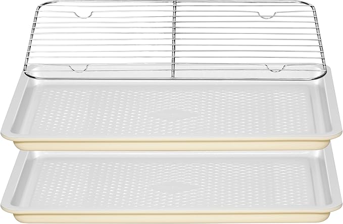 Nonstick Ceramic Baking Sheet With Rack, 2-Pack 15x10 Jelly Roll Sheet Pan, Non-Toxic, PTFE & PFOA Free, Warp-Free, Oven Safe 550°F, Dishwasher Safe, Aluminized Steel, Gray Yellow