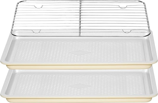 Nonstick Ceramic Baking Sheet With Rack, 2-Pack 15x10 Jelly Roll Sheet Pan, Non-Toxic, PTFE & PFOA Free, Warp-Free, Oven Safe 550°F, Dishwasher Safe, Aluminized Steel, Gray Yellow