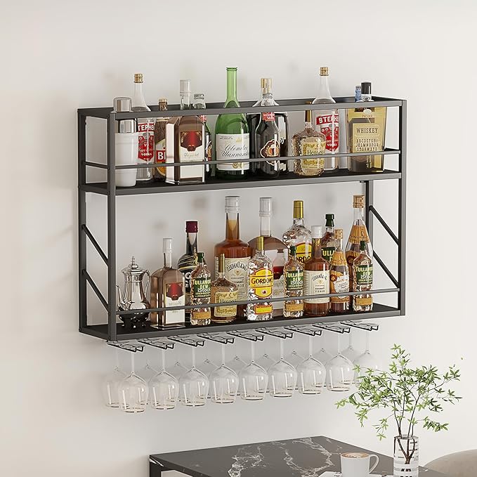 Wall Mounted Wine Rack, 2-Tier Wall Bar Shelves for Liquor Bottles, Metal Bottle Holder Wine for Wine Storage & Display for Home Bar & Dining Room (39.3×7.8×26in)