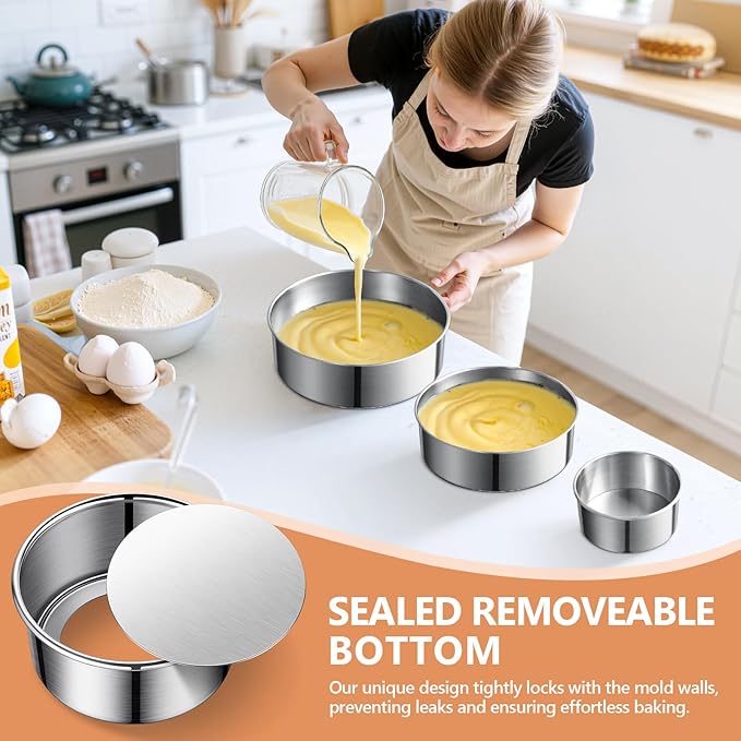 4" 7" 9" Cake Pan, Removable Bottom & Easy Releasing, Leakproof & Nonstick Round Cake Pans, 304 Stainless Steel Baking Pans Set, Non-Toxic & Healthy, Dishwasher Safe