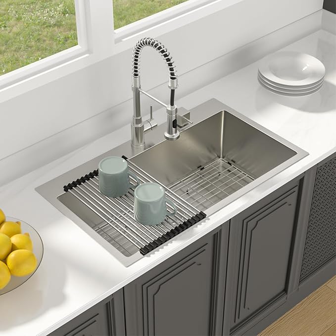 Lordear 33 Inch Drop in Kitchen Sink 33 x 19 Topmount Sink 16 Gauge Stainless Steel Single Bowl Deep Sink with Drain Strainer