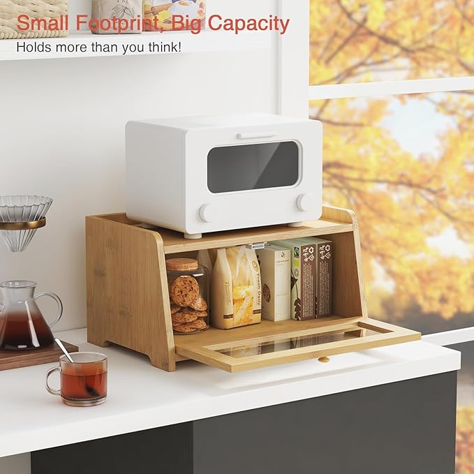 Wood Bread Box for Kithcen Countertop, Rustic Breadox Storage Container for Homemade Bread, Small Bread Keeper Holder Organizer with Window (Natural Bamboo)