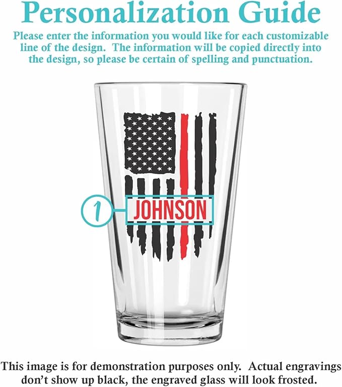 Blue Ridge Mountain Gifts - Thin Red Line Pint Glass - Personalized Firefighter Glass, Fireman Flag & Appreciation, Back the Red, Fire Academy Gift, Personalized Father's Day Gift First Responders