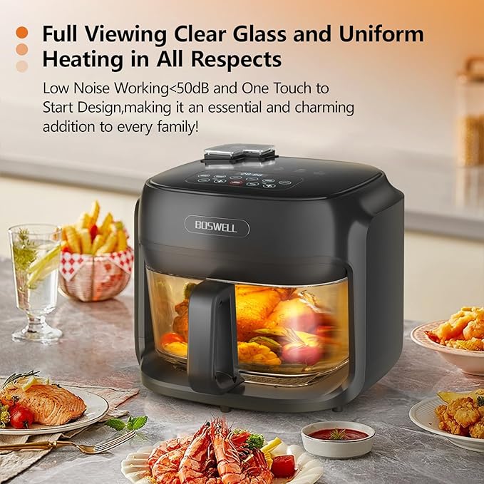 BOSWELL Steam Glass Air Fryer, 7.5QT Borosilicate Bowl with Circulating Heat, Digital Touchscreen, 400°F Max Temp, Oil-Free Fryer with Mist Function, Dishwasher Safe (Black)