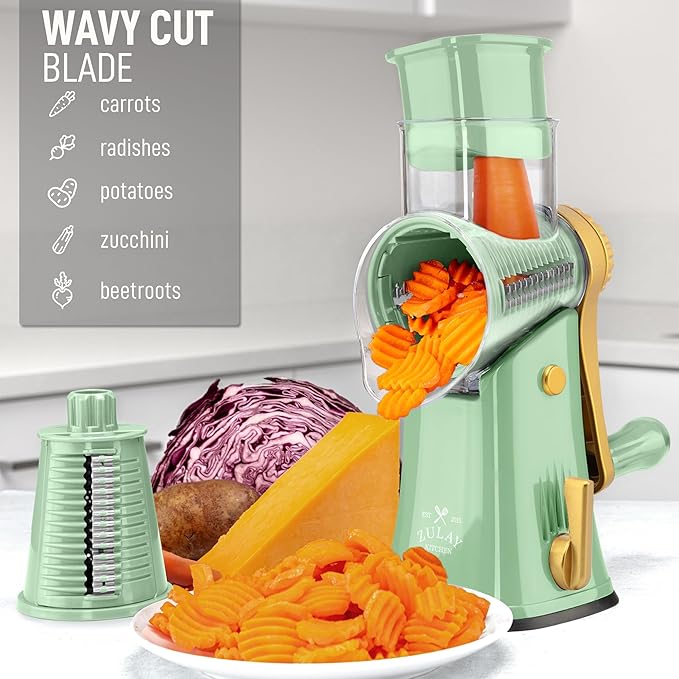 Zulay Kitchen Rotary Cheese Grater 5 Blade Cheese Shredder - Manual Hand Crank Cheese Grater With Reinforced Suction & 5 Interchangeable Drums - Easy to Use, Vegetable Chopper Round Mandoline Slicer
