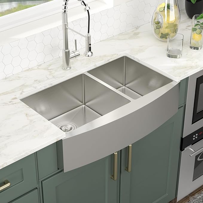 Logmey 33 Inch Double Farmhouse Sink - Apon Front Double Kitchen Sink 16 Gauge Stainless Steel Farmhouse Sink 33x20x9 Inch Double Bowl 60/40 Kitchen Sink