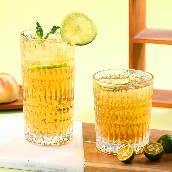 Glassware Drinking Glasses Set of 8, 14 oz Highball Glasses & 10 oz Ribbed Glass Cups, Vintage Glassware for Water, Juice, Cocktail, Whiskey (Clear)