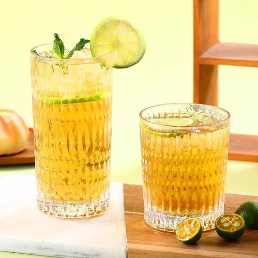 Glassware Drinking Glasses Set of 8, 14 oz Highball Glasses & 10 oz Ribbed Glass Cups, Vintage Glassware for Water, Juice, Cocktail, Whiskey (Clear)