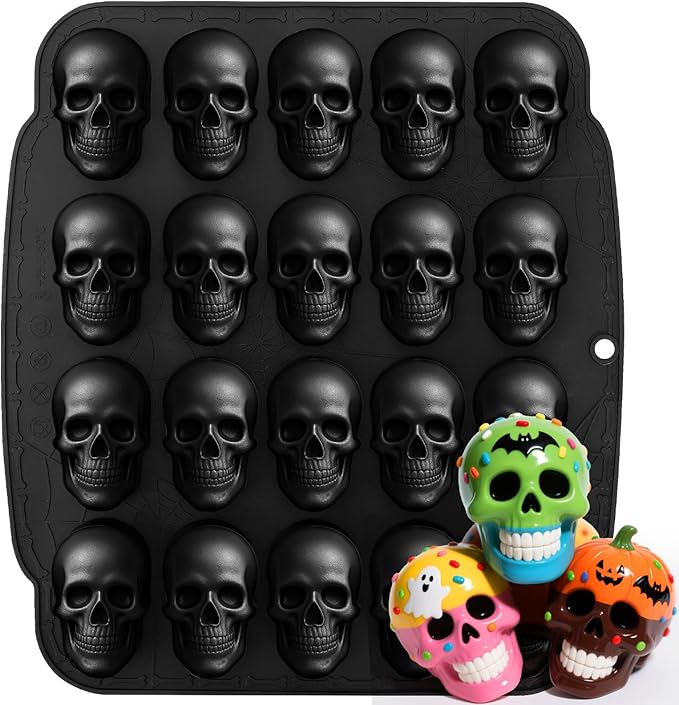 Skull Mold for Food with 20 Cavity, 3D Skull Baking Pan, Non-Stick Halloween Silicone Mold for Chocolate Cake Ice Cubes Halloween Decoration