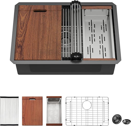 Black Undermount Kitchen Sink - Mocoloo 27x19 Inch Undermount Workstation Kitchen Sink Gunmetal Black 16 Gauge Stainless Steel Single Bowl Handmade Sink Basin