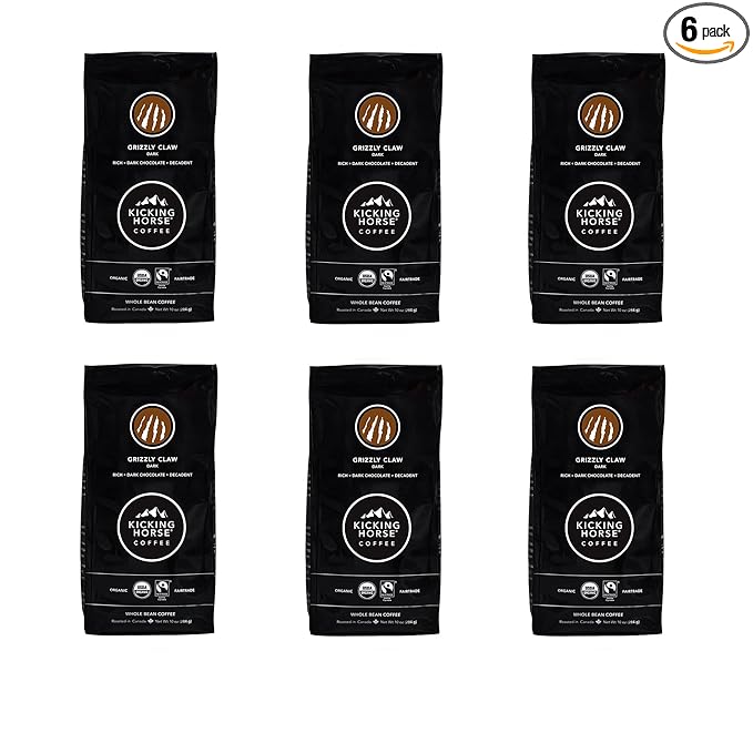 Kicking Horse Coffee, Grizzly Claw, Dark Roast, Whole Bean, 10 oz - Certified Organic, Fairtrade, Kosher Coffee (Pack of 6) (Packaging may vary),10 Ounce (Pack of 6)