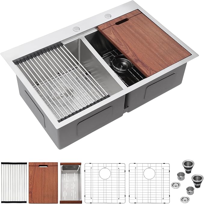 Mocoloo 33 Inch Double Bowl Kitchen Sinks - 33 x 22 Inch Drop In Kitchen Sinks Workstation 16 Gauge 50/50 Stainless Steel Topmount Double Bowl Handmade, 10 Inch Deep