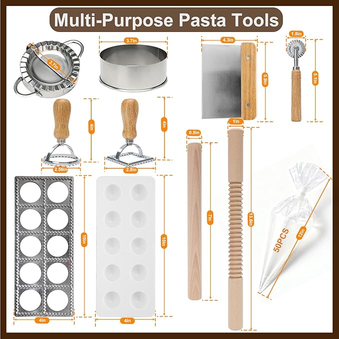 10Pcs Ravioli Cutter Mold, Pasta Making Kit with Round, Square Ravioli Stamp Maker Cutter, Ravioli Making Set Wood Rolling Pin