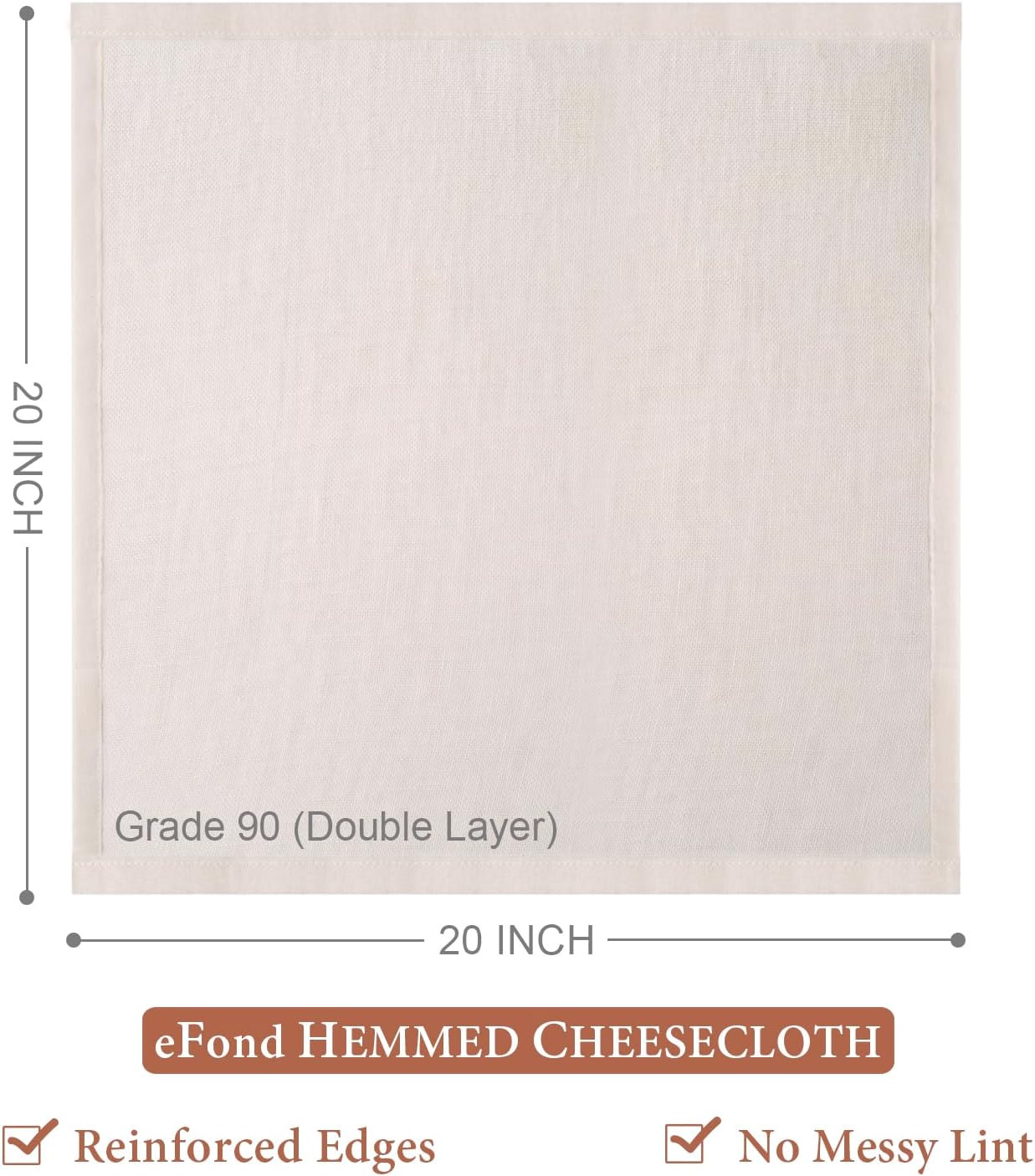 eFond Cheese Cloths | 2-Pack Double Layers, 20x20Inch Squares with Hemmed Edges | Grade 90 Reusable Cheesecloth for Straining | Unbleached Cotton Muslin Cloths | For Nut Milk, Butter, Baking & Cooking