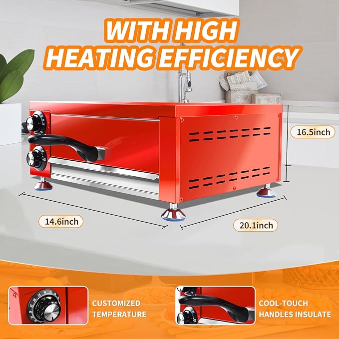 YOOKTEN Indoor Pizza Oven Countertop Electric 12" Commercial Stainless Steel Pizza Maker With 60 Minutes Timer, Red