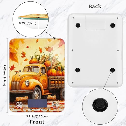 Fall Thanksgiving Pumpkin Truck Food Scale Kitchen Digital Scale Food Ounces and Grams Dieting Baking Cooking Waterproof Glass Panels LCD Display,4 Units Tare Function