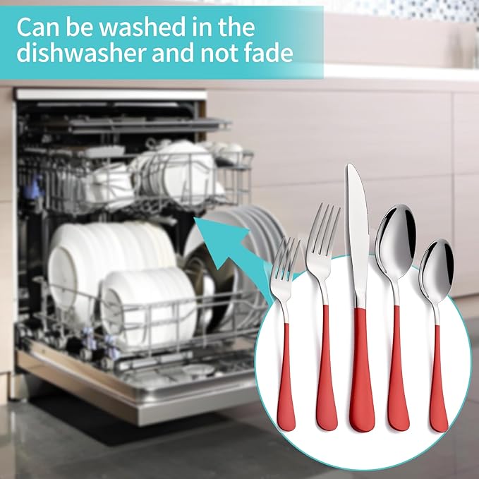 20-Piece Red Silverware Set for 4, 18/0 Stainless Steel Flatware Cutlery Utensils Set, Include Dinner Knives,Dinner Forks,Dinner Spoons,Salad Forks,Teaspoons,Dishwasher Safe