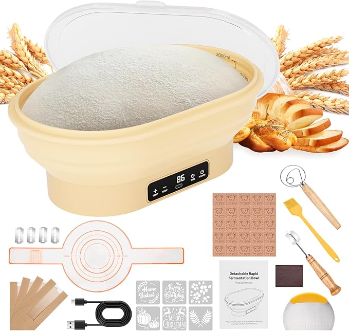 HK Heating Sourdough Banneton Bread Proofing Basket Kit with Timer & 6 Temp Settings, 2L Foldable Silicone Dough Proofing Box Electric Sourdough Starter Warmer Set for Dough Rising, Starter Baking Kit
