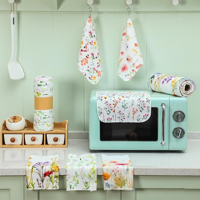 60 Pack Reusable Cleaning Cloths Washable Cotton Kitchen Dish Towels for Home Christmas Party Supplies Bulk, 9.84x11.81in (Wildflowers)