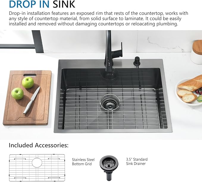 25 Inch Black Drop In Kitchen Sink, Doirteal 25 x 22 x 10 Inch Matte Black Bar Sink Topmount 16 Gauge Stainless Steel Single Bowl Kitchen Sinks Single Basin with Bottom Grid