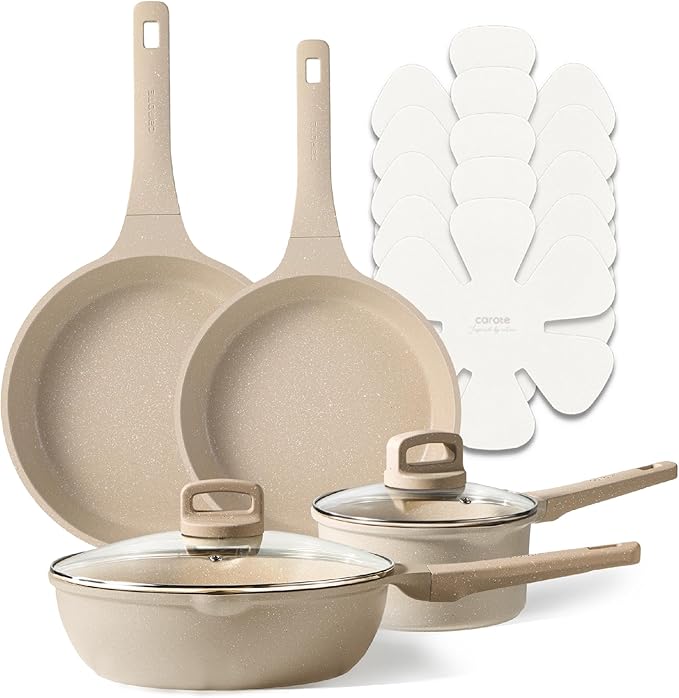 CAROTE Pots and Pans Set Nonstick, Cookware Set Non Stick, Induction Cookware Sets, Kitchen Cooking Set with Stay-Cool Handles, 10 Piece