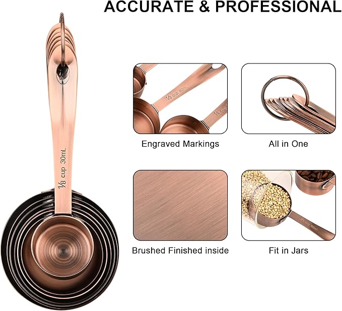 Copper Measuring Cups and Spoons Set of 18, 7 Copper Measuring Cups, 9 Copper Measuring Spoons, Stainless Steel Measuring Spoons and Cups for Dry & Wet Ingredients During Kitchen&Baking