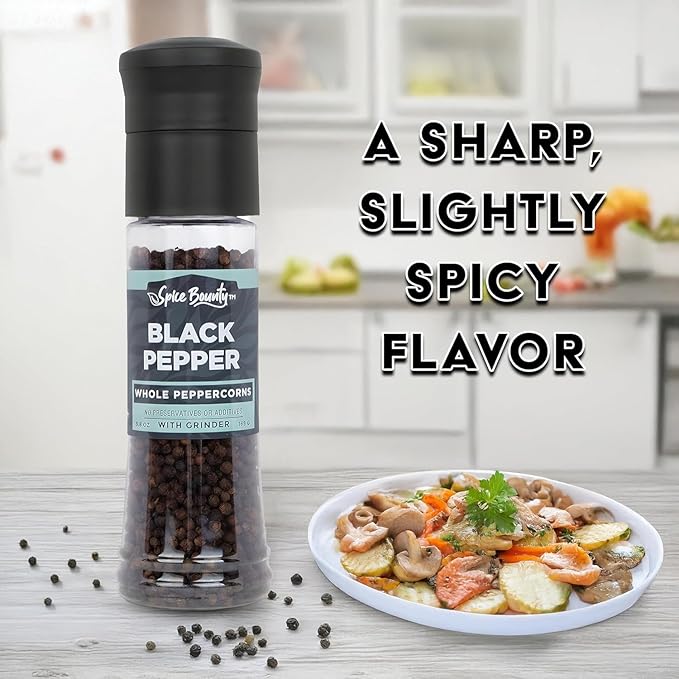 Spice Bounty - Whole Black Peppercorns with Grinder 5.8 oz | Adjustable Pepper Mill, Freshly Ground Pepper, Natural Seasoning Spice