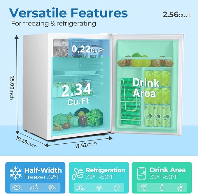 2.56 Cu.ft Compact Refrigerator with Reversible Single Door, WHITE