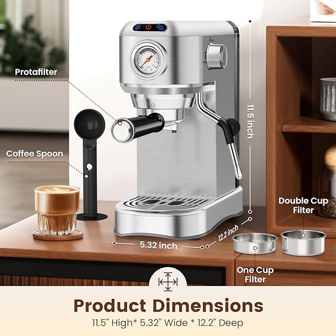 Espresso Machine 20 Bar, Compact Espresso Maker, Stainless Steel Expresso Coffee Machines with Steam Milk Frother & 34oz Removable Water Tank for Home Latte, Cappuccino, Silver