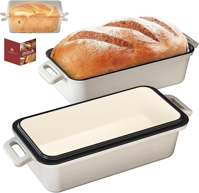 9x5 Enameled Cast Iron Loaf Pan with Lid – Bread Pan for Sourdough, Cake, Meatloaf, Even Heat, Nonstick, Easy to Clean, 2 Piece Set