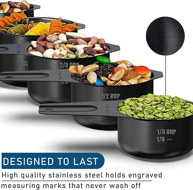 Stainless Steel Measuring Cups, Wildone Metal Measuring Cups Set with Easy to Read Markings for Measuring Dry or Liquid Ingredients, Set of 7 (Black)