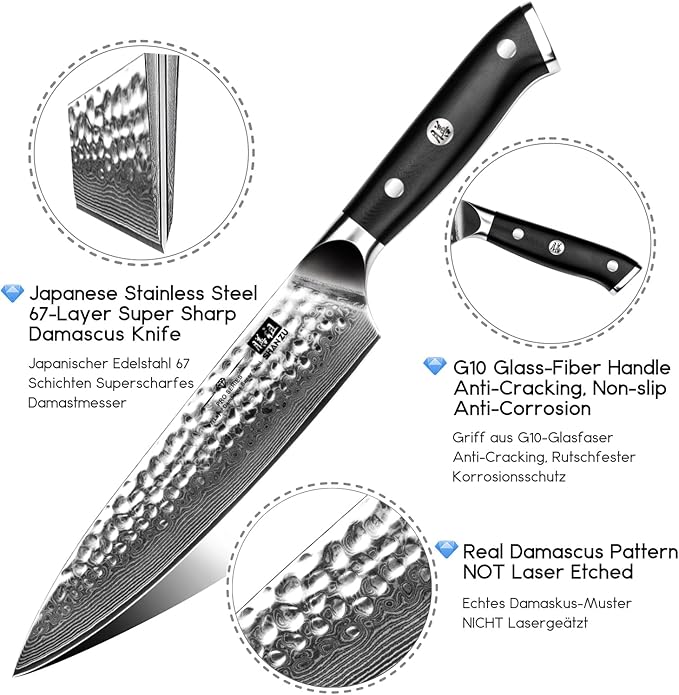 SHAN ZU Chef Knife, 8 Inch Damascus Steel Knife, Professional Kitchen Knife Sharp High Carbon Steel Kitchen Utility Knives with Gift Box