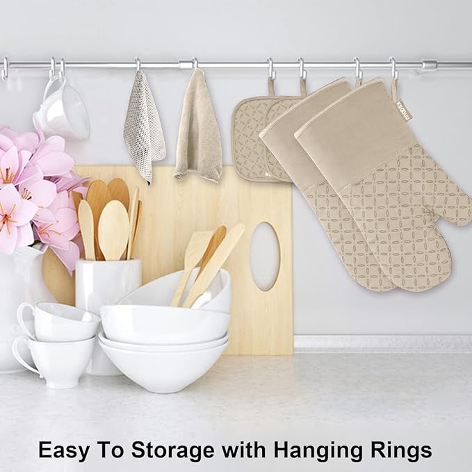 KEGOUU Oven Mitts and Pot Holders 6pcs Set, Kitchen Oven Glove High Heat Resistant 500 Degree Extra Long Oven Mitts and Potholder with Non-Slip Silicone Surface for Cooking (Almond)