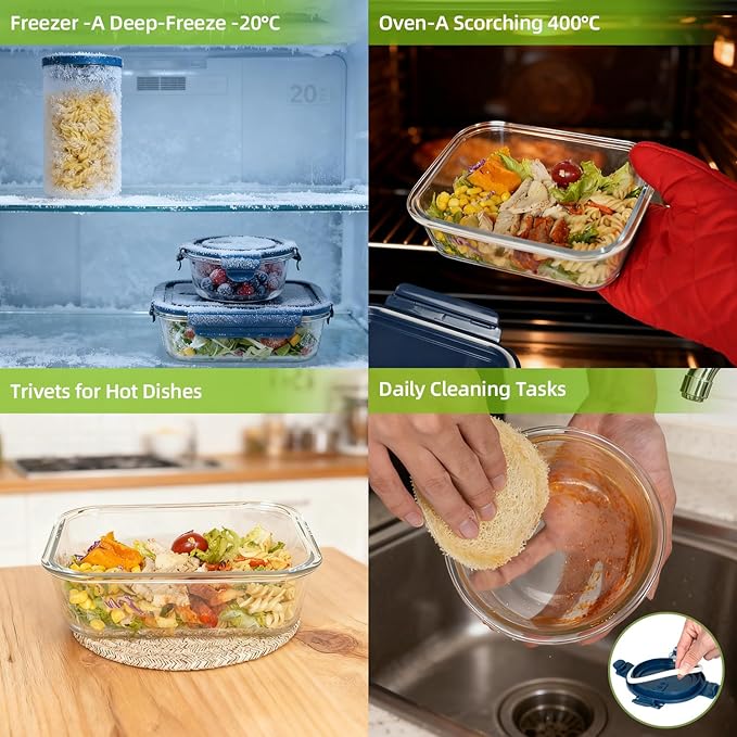 AURADYNE Glass Food Storage Containers with Lids, 3 Borosilicate Meal Prep Containers Reusable (5, 4.4, & 1.75 Cup), 6 Cotton Pot Holder Trivets, 3 Natural Loofah Sponges Lunch Oven Safe/Freezer/Clean