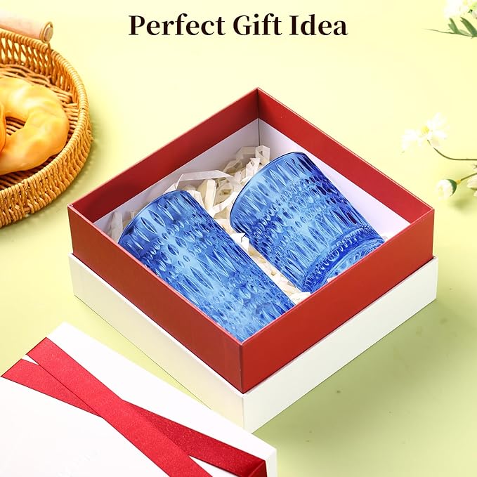 Glassware Drinking Glasses Set of 8, 14 oz Highball Glasses & 10 oz Ribbed Glass Cups, Vintage Glassware for Water, Juice, Cocktail, Whiskey (Blue)