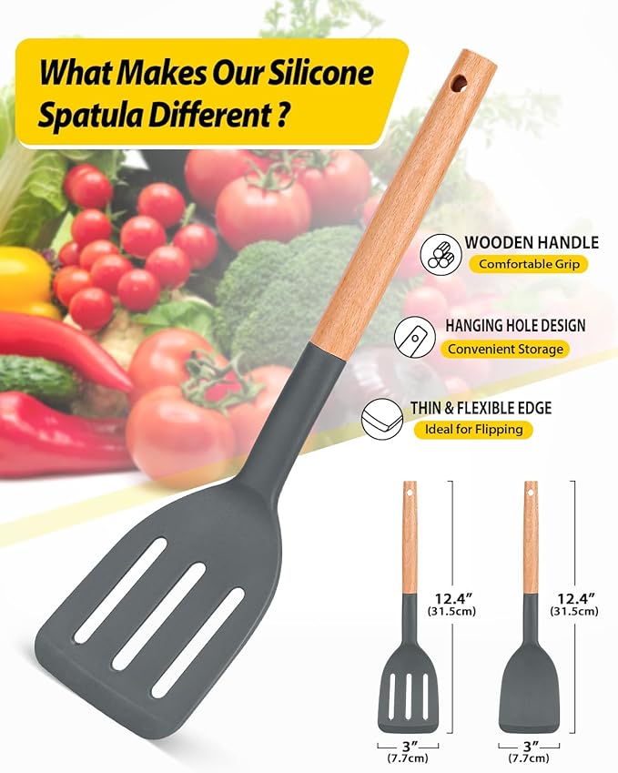 Pack of 2 Silicone Cooking Spatula, Heat Resistant Solid Turner, Non Stick Slotted Spatulas with Wooden Short Handle,Ideal Wood Kitchen Utensils Set for Frying, Baking, Flipping, Turning