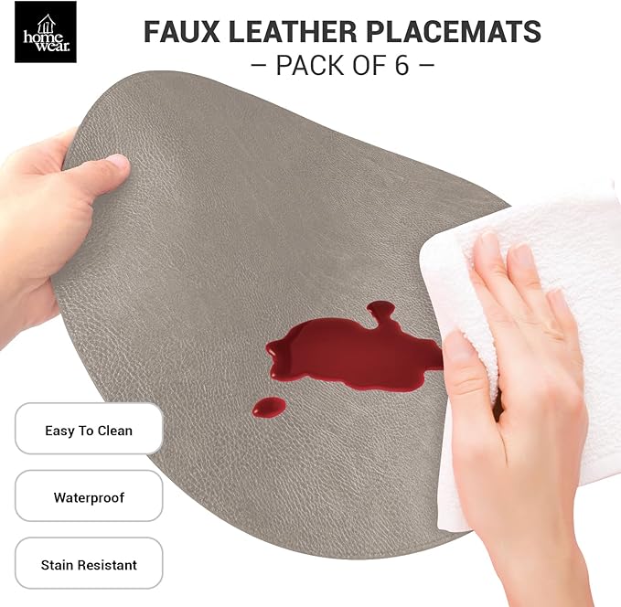 Morgan Faux Leather Round Set of 12 Placemats, 15", Grey, Heat Resistant, Stain Resistant, Non-Slip, Reversible, Durable Table Mats for Kitchen, Dining Table, Indoor Washable Use