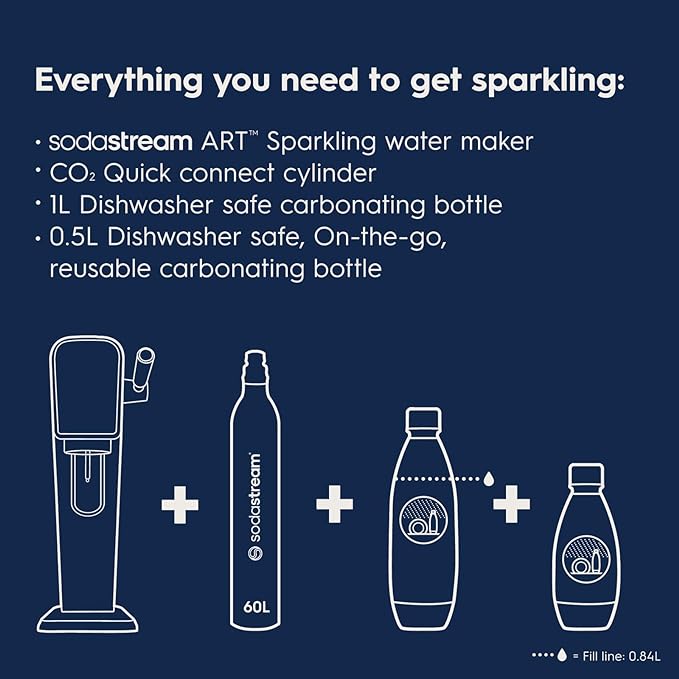 SodaStream - ART Sparkling Water Maker | STARTER KIT | CQC CO2 system | Includes 1x CO2 Cylinder, 1x32 & 1x16 Fl Oz Dishwasher Safe Bottles, 1x Bubly Flavor Drop | Combine with Pepsi Flavors | White