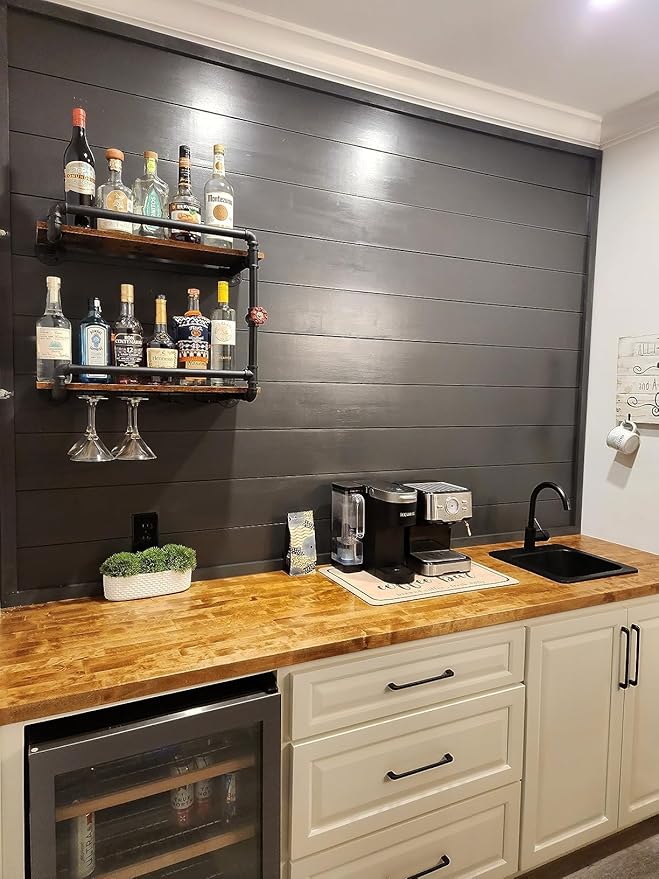 Wine Rack Wall Mounted 2 Tier, Hanging Floating Small Mini Bar Liquor Shelves with Glass Holder Storage Under, Industrial Rustic Pipe Farmhouse Kitchen Decor Black(23.6x10.6x19.7)