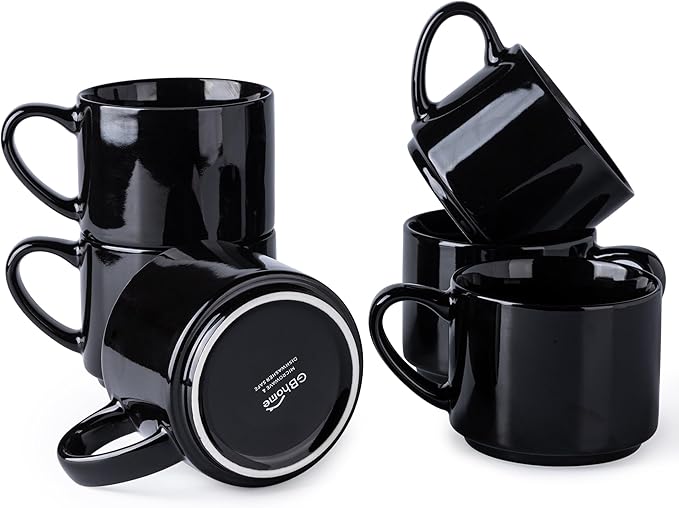 GBHOME 14 OZ Coffee Mugs Set of 6, Stackable Ceramic Mugs for Men, Women, Modern Coffee Cups for Latte,Tea, Cappuccino. Dishwasher & Microwave Safe, Black
