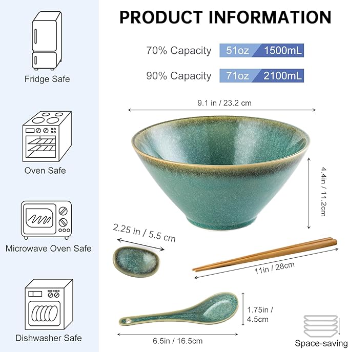 Large Salad Soup Ramen Serving Bowls, 71 OZ Ceramic Japanese Ramen Noodle Bowls with Chopsticks, Spoons and Rests - Super Big Bowl Sets for Udon, Pho, Pasta, Cereal, Set of 2 - Reactive Green