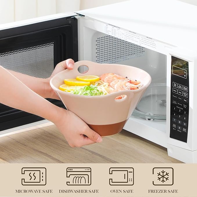 MALACASA 42 oz Ceramic Ramen Bowl Set with Wooden Spoon & Chopsticks, Japanese Style Soup Bowls for Ramen, Pho, Noodles – Set of 2, Microwave & Dishwasher Safe, Series TARA (Pink and Khaki)