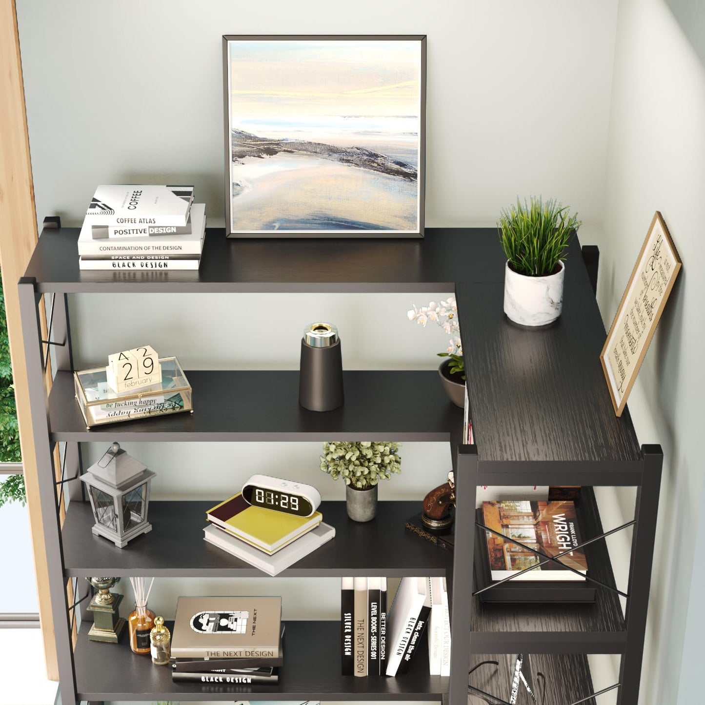 6-Shelf Corner Bookshelf, Vintage Industrial Corner Shelf Etagere Bookcase, Large Book Shelf with Metal Frame Open Storage Corner Cabinet (Black-Lockers, Large)