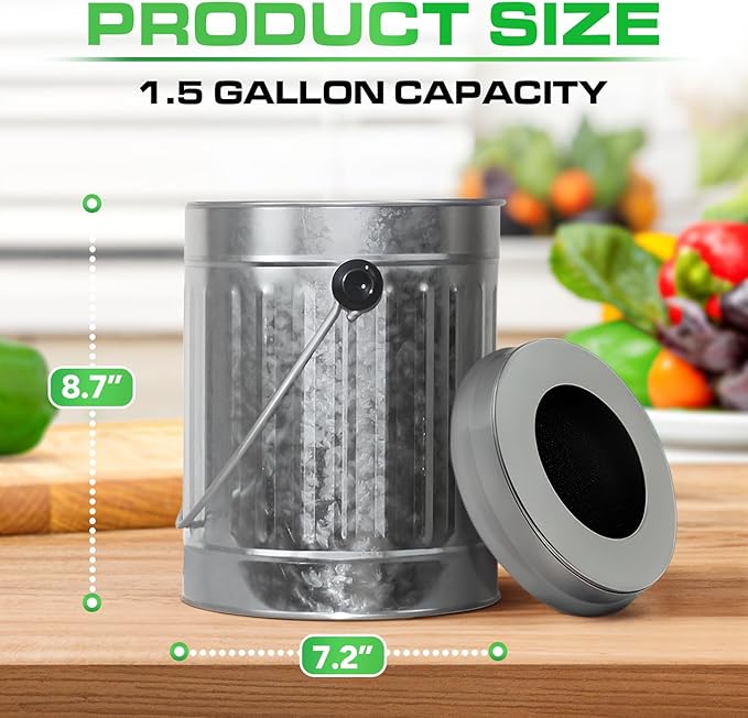 Plexon Countertop Compost Bin Kitchen Indoor, with Lid, Silver 1.5 Gallon Odorless Kitchen Compost Container, Steel Food Bucket Pail with Charcoal Filter, Silver